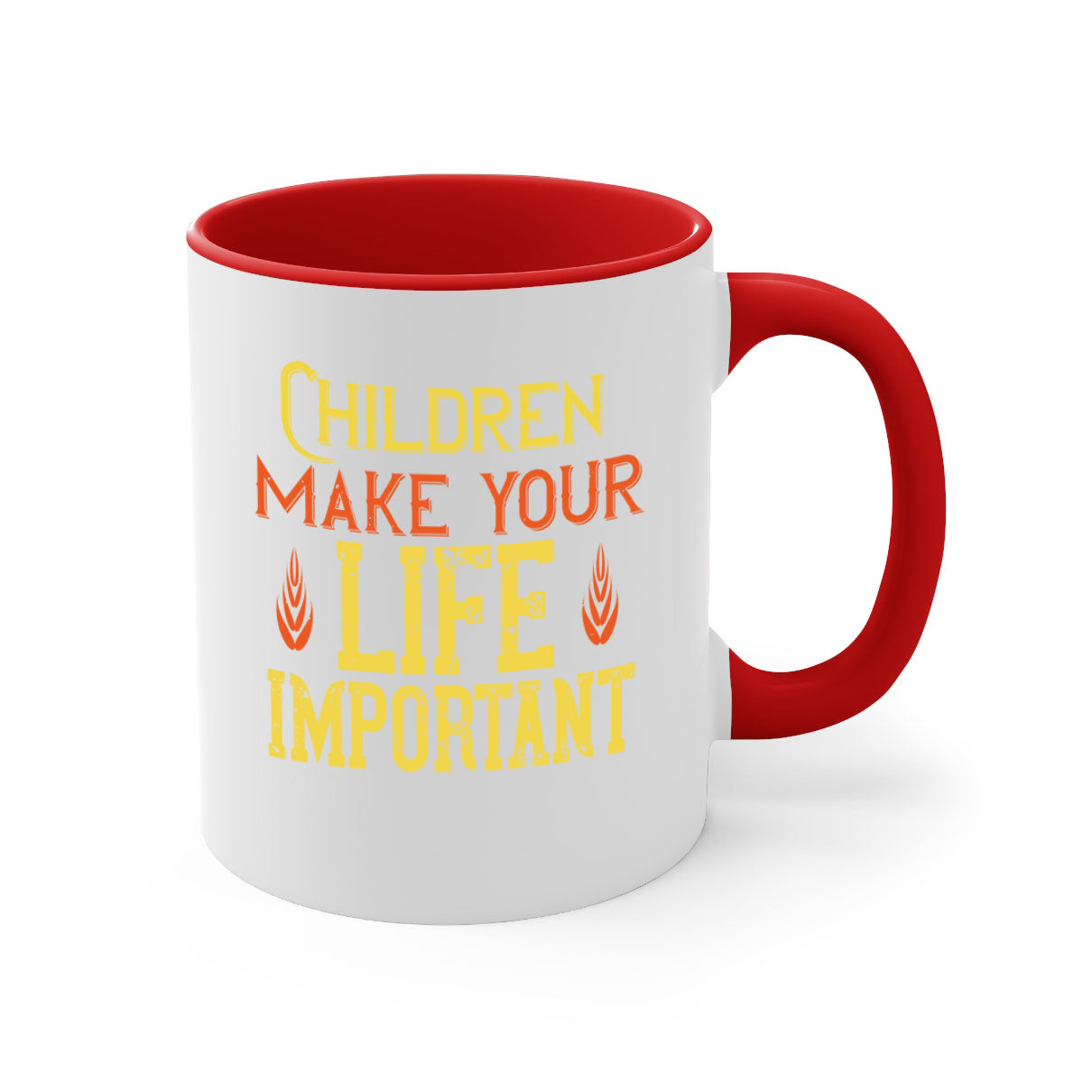 Children make your life important Style 46# Mug featuring a glossy finish, colorful handle, and interior, available in two sizes.