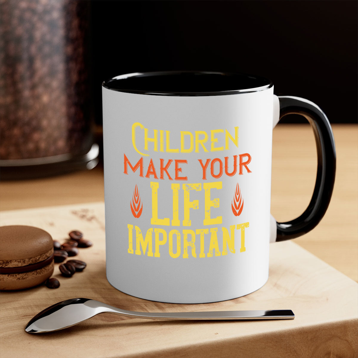 Children make your life important Style 46# Mug featuring a glossy finish, colorful handle, and interior, available in two sizes.