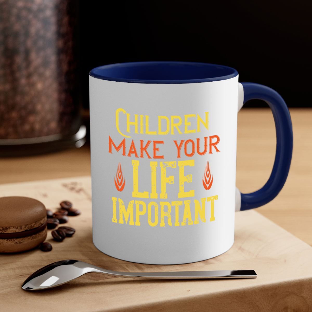 Children make your life important Style 46# Mug featuring a glossy finish, colorful handle, and interior, available in two sizes.