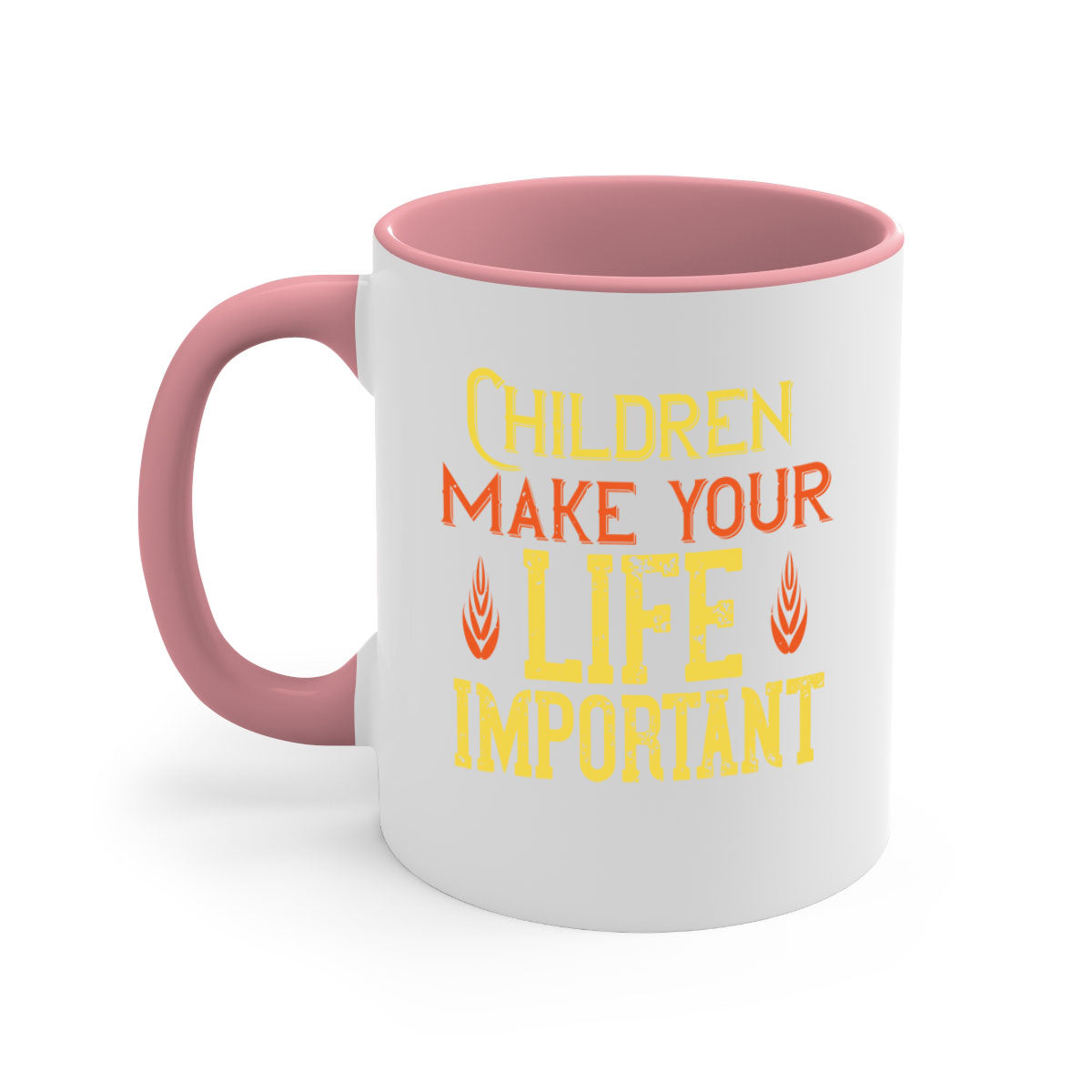 Children make your life important Style 46# Mug featuring a glossy finish, colorful handle, and interior, available in two sizes.