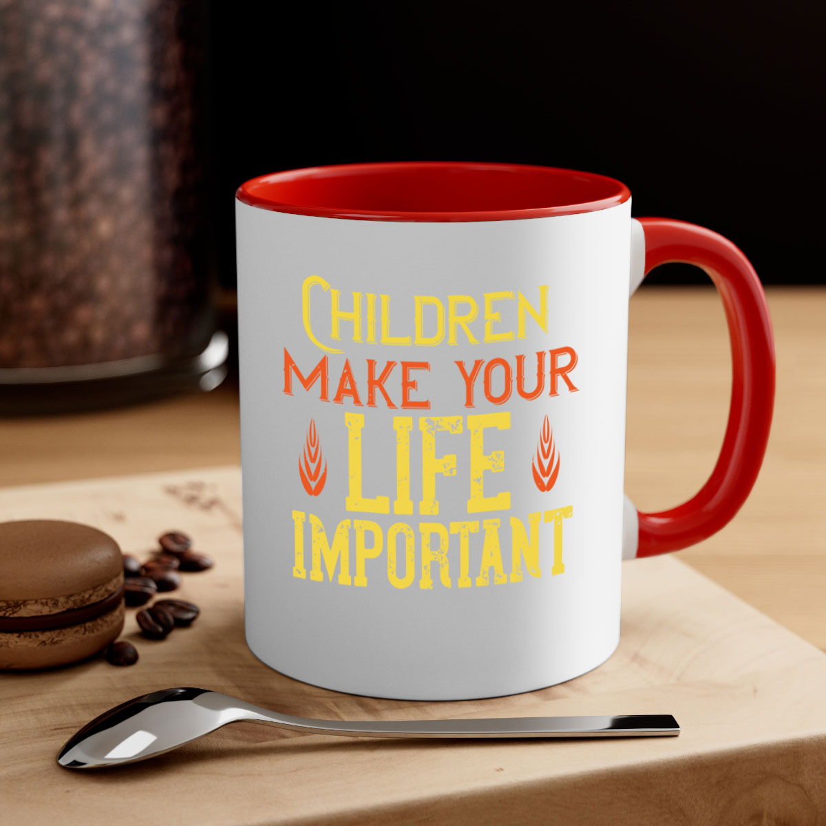 Children make your life important Style 46# Mug featuring a glossy finish, colorful handle, and interior, available in two sizes.