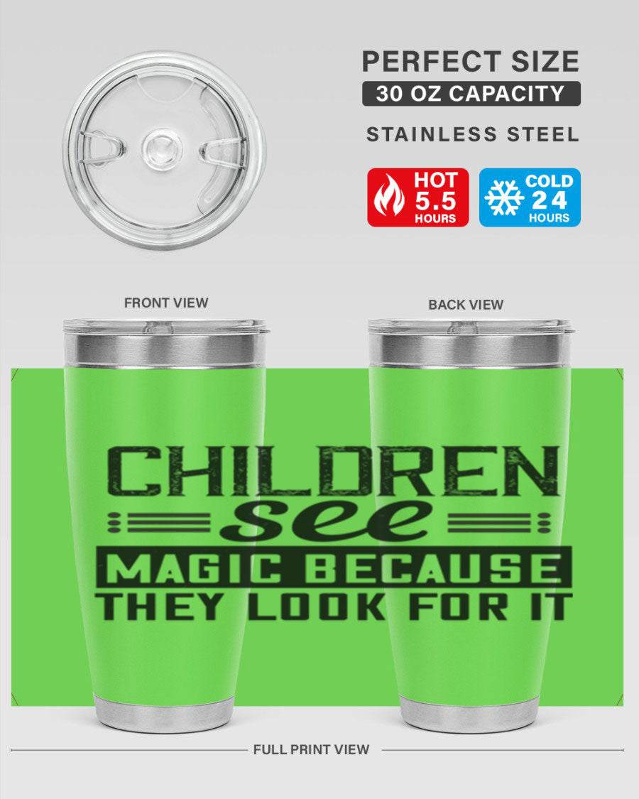 Children See Magic Style 41# Tumbler in vibrant colors, showcasing its double wall vacuum stainless steel design and drink-thru lid.