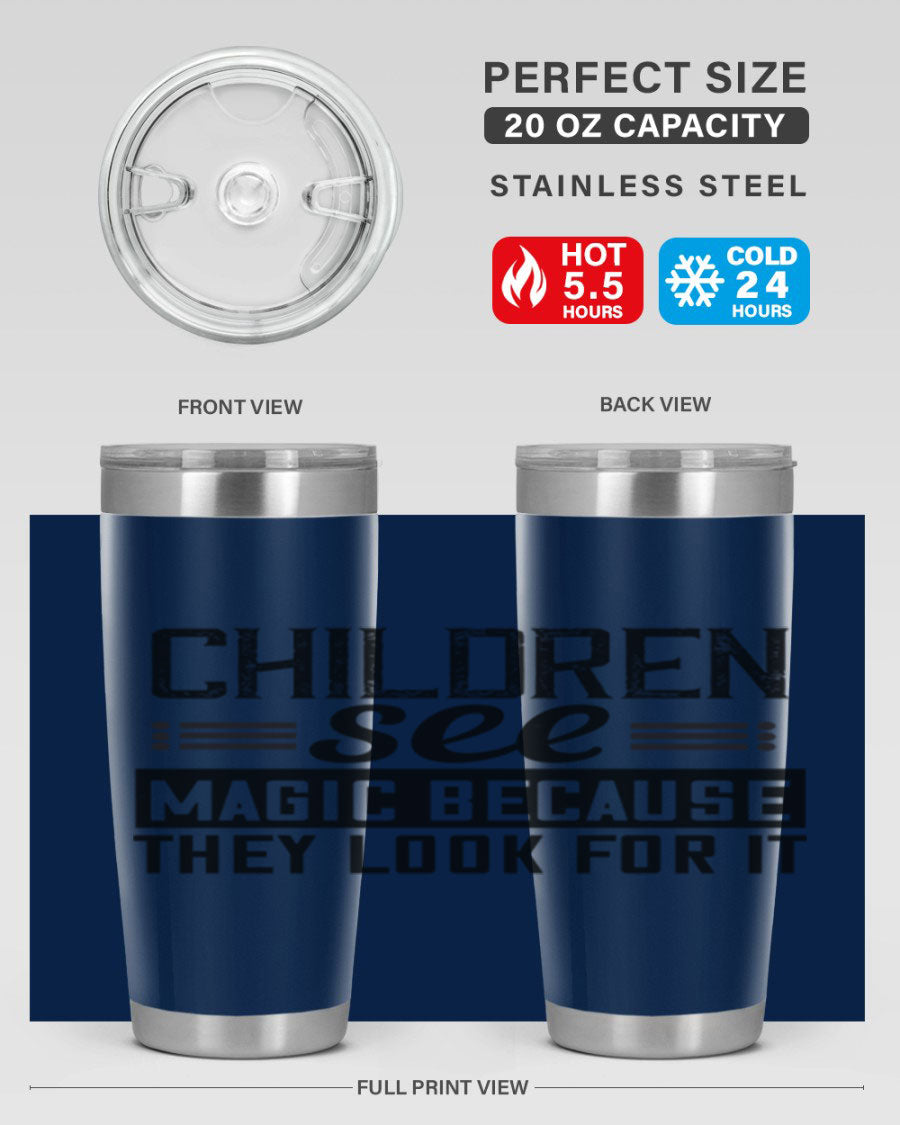 Children See Magic Style 41# Tumbler in vibrant colors, showcasing its double wall vacuum stainless steel design and drink-thru lid.