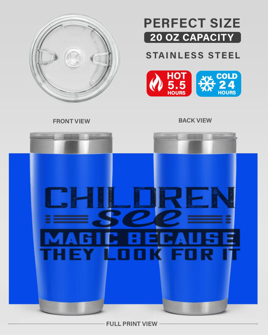 Children See Magic Style 41# Tumbler in vibrant colors, showcasing its double wall vacuum stainless steel design and drink-thru lid.