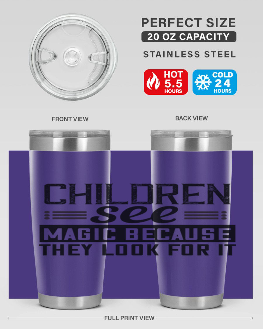 Children See Magic Style 41# Tumbler in vibrant colors, showcasing its double wall vacuum stainless steel design and drink-thru lid.