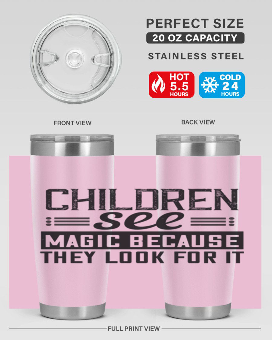 Children See Magic Style 41# Tumbler in vibrant colors, showcasing its double wall vacuum stainless steel design and drink-thru lid.