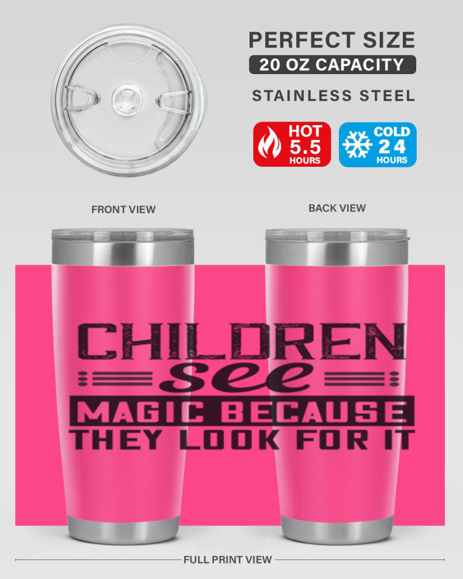Children See Magic Style 41# Tumbler in vibrant colors, showcasing its double wall vacuum stainless steel design and drink-thru lid.