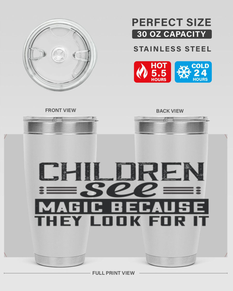 Children See Magic Style 41# Tumbler in vibrant colors, showcasing its double wall vacuum stainless steel design and drink-thru lid.