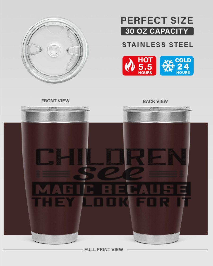 Children See Magic Style 41# Tumbler in vibrant colors, showcasing its double wall vacuum stainless steel design and drink-thru lid.