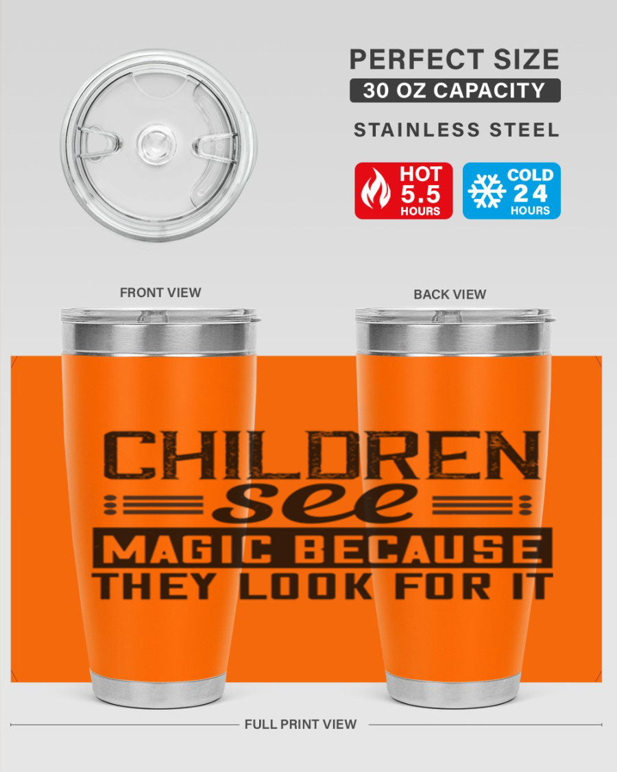 Children See Magic Style 41# Tumbler in vibrant colors, showcasing its double wall vacuum stainless steel design and drink-thru lid.