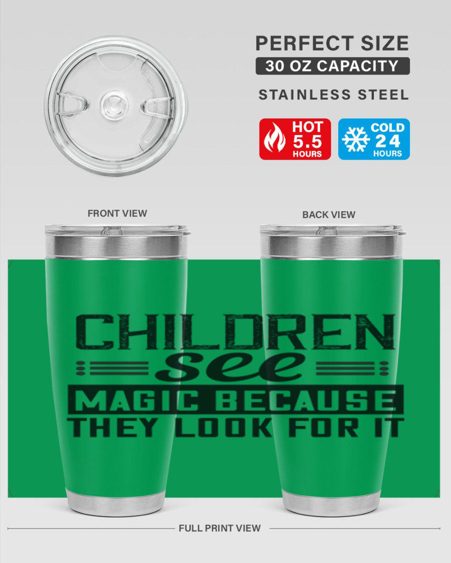 Children See Magic Style 41# Tumbler in vibrant colors, showcasing its double wall vacuum stainless steel design and drink-thru lid.