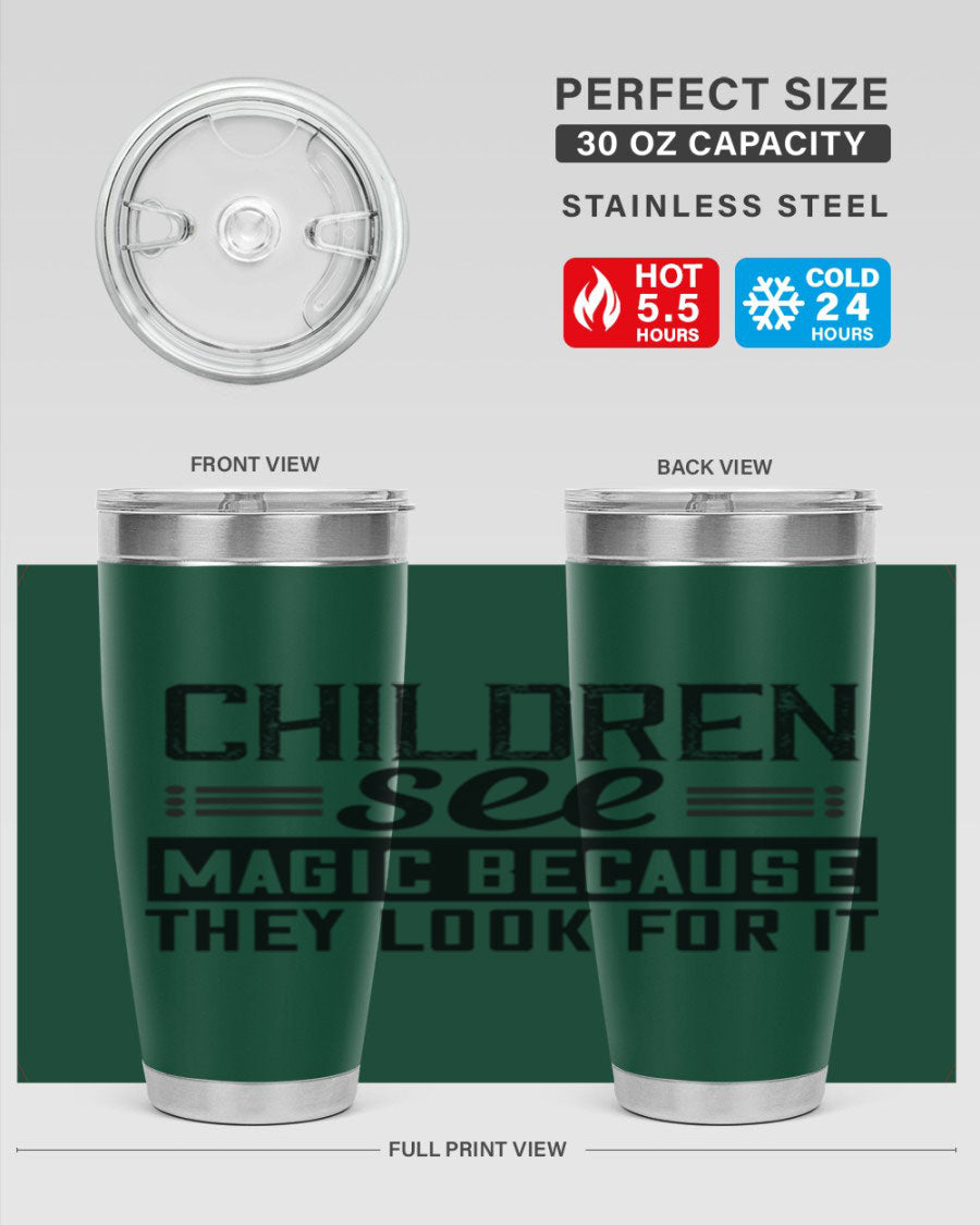Children See Magic Style 41# Tumbler in vibrant colors, showcasing its double wall vacuum stainless steel design and drink-thru lid.