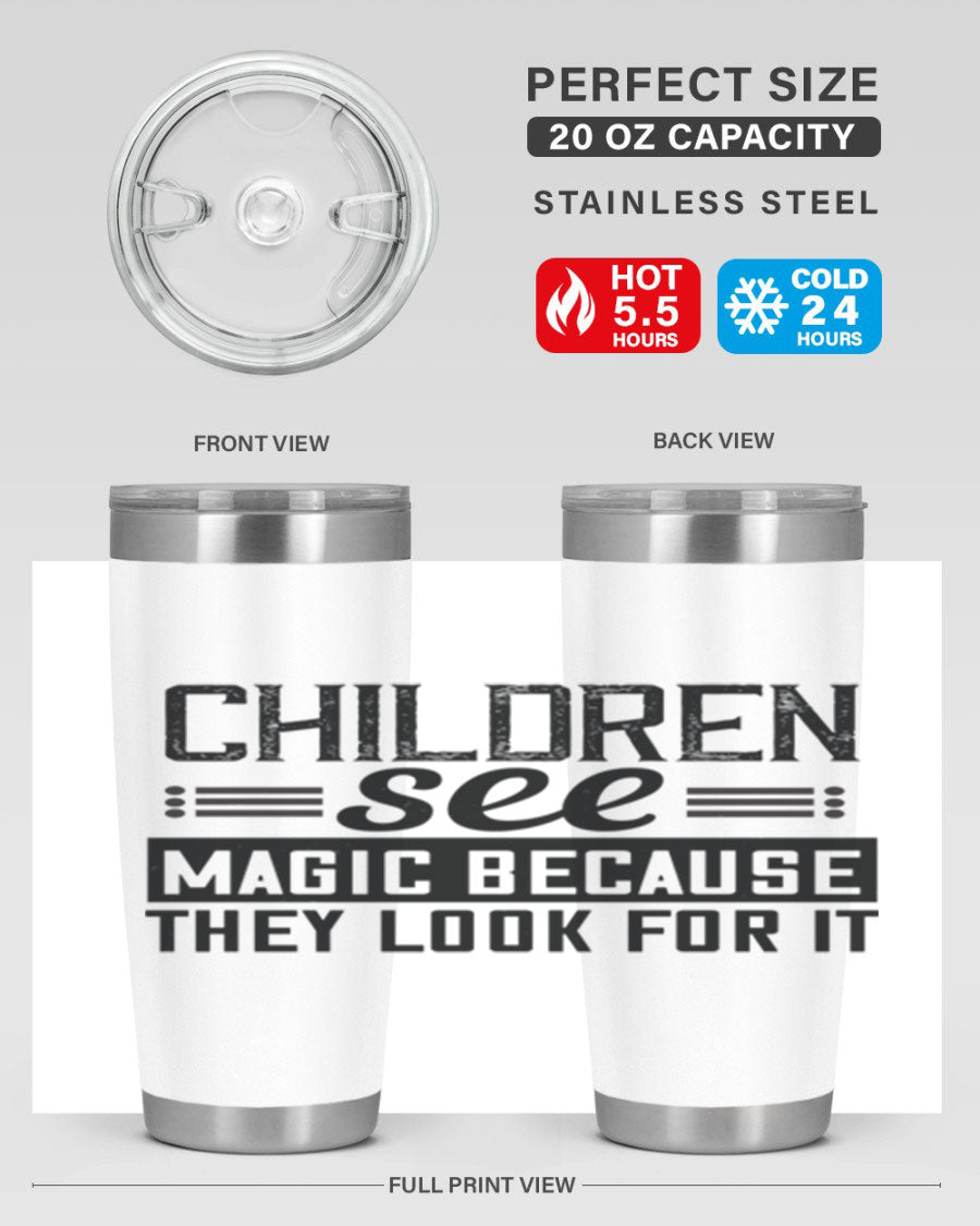 Children See Magic Style 41# Tumbler in vibrant colors, showcasing its double wall vacuum stainless steel design and drink-thru lid.