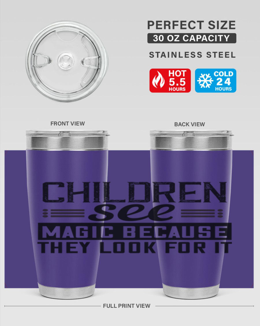 Children See Magic Style 41# Tumbler in vibrant colors, showcasing its double wall vacuum stainless steel design and drink-thru lid.