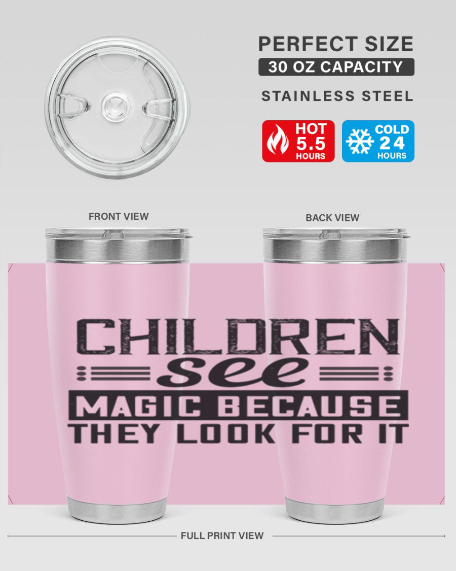 Children See Magic Style 41# Tumbler in vibrant colors, showcasing its double wall vacuum stainless steel design and drink-thru lid.