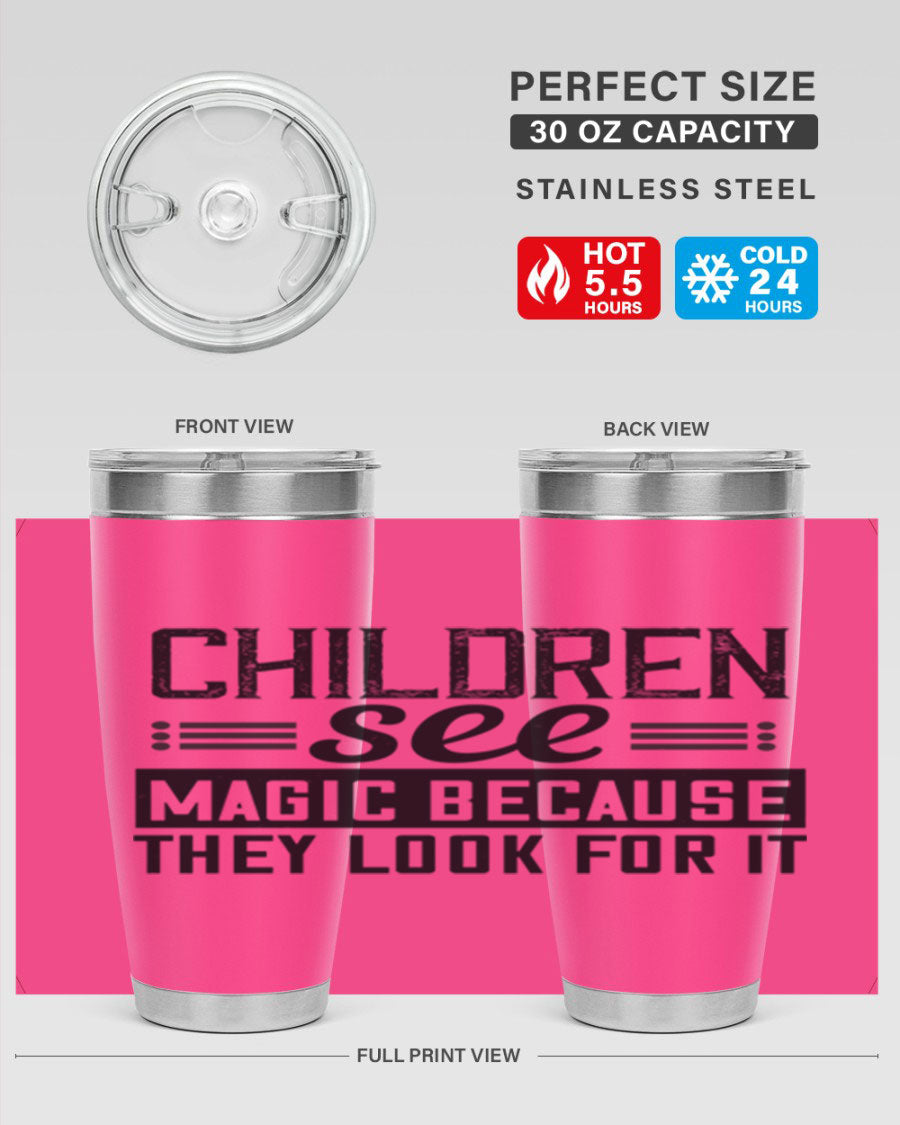 Children See Magic Style 41# Tumbler in vibrant colors, showcasing its double wall vacuum stainless steel design and drink-thru lid.