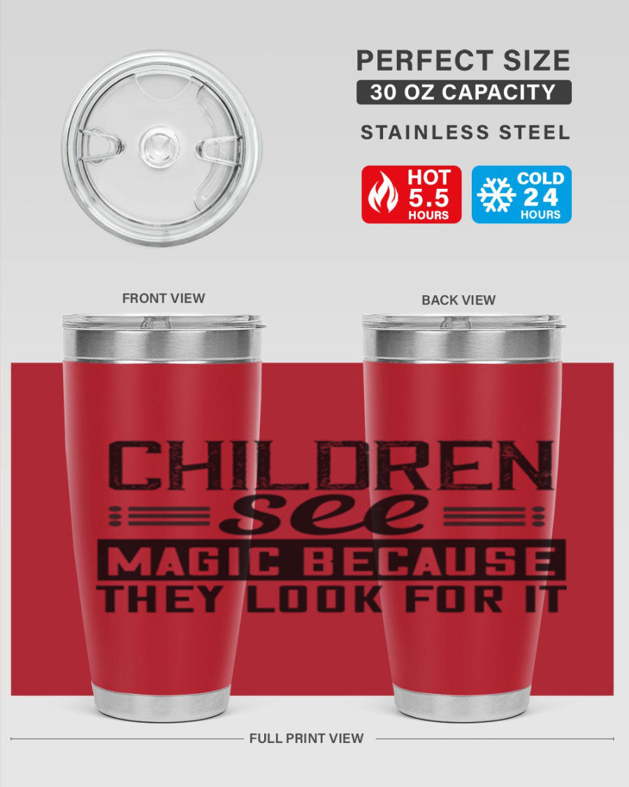 Children See Magic Style 41# Tumbler in vibrant colors, showcasing its double wall vacuum stainless steel design and drink-thru lid.
