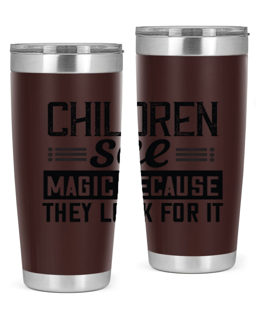 Children See Magic Style 41# Tumbler in vibrant colors, showcasing its double wall vacuum stainless steel design and drink-thru lid.