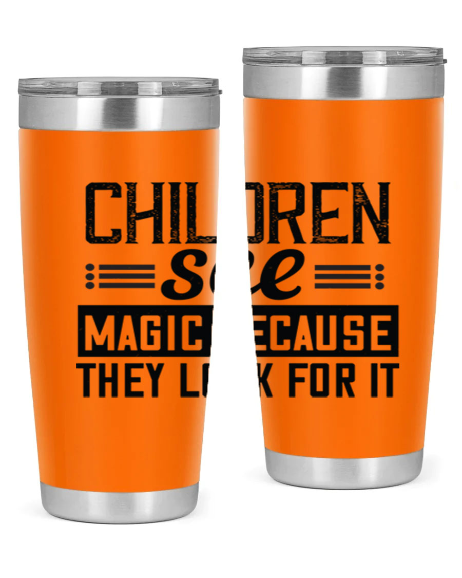 Children See Magic Style 41# Tumbler in vibrant colors, showcasing its double wall vacuum stainless steel design and drink-thru lid.