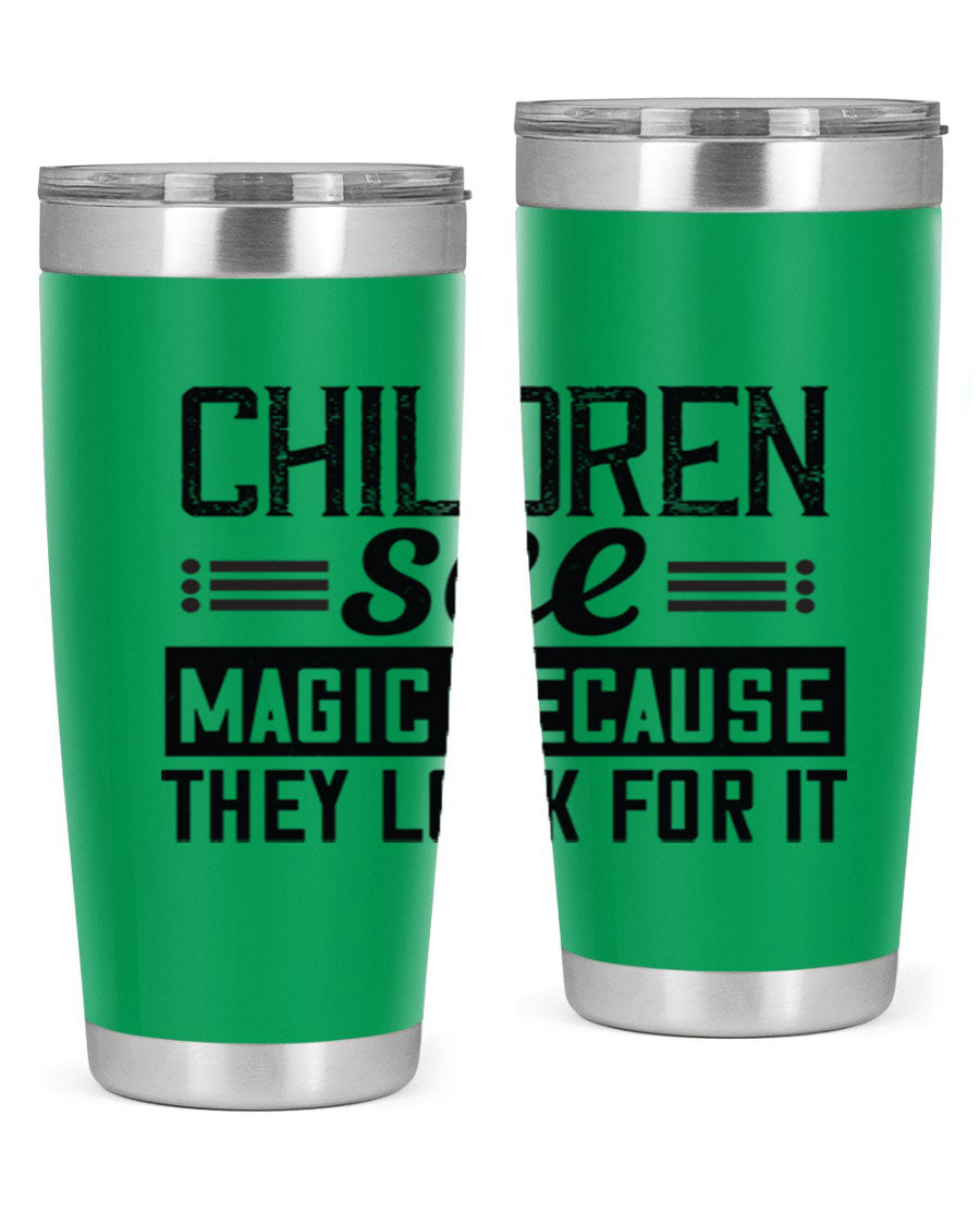 Children See Magic Style 41# Tumbler in vibrant colors, showcasing its double wall vacuum stainless steel design and drink-thru lid.