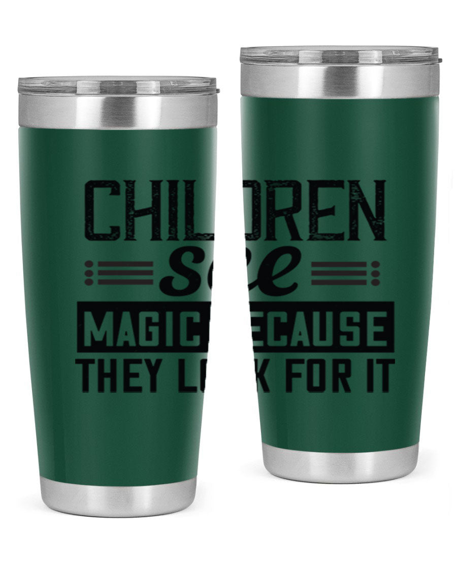 Children See Magic Style 41# Tumbler in vibrant colors, showcasing its double wall vacuum stainless steel design and drink-thru lid.