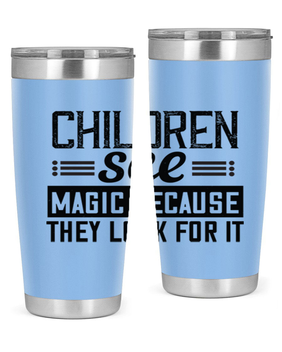 Children See Magic Style 41# Tumbler in vibrant colors, showcasing its double wall vacuum stainless steel design and drink-thru lid.