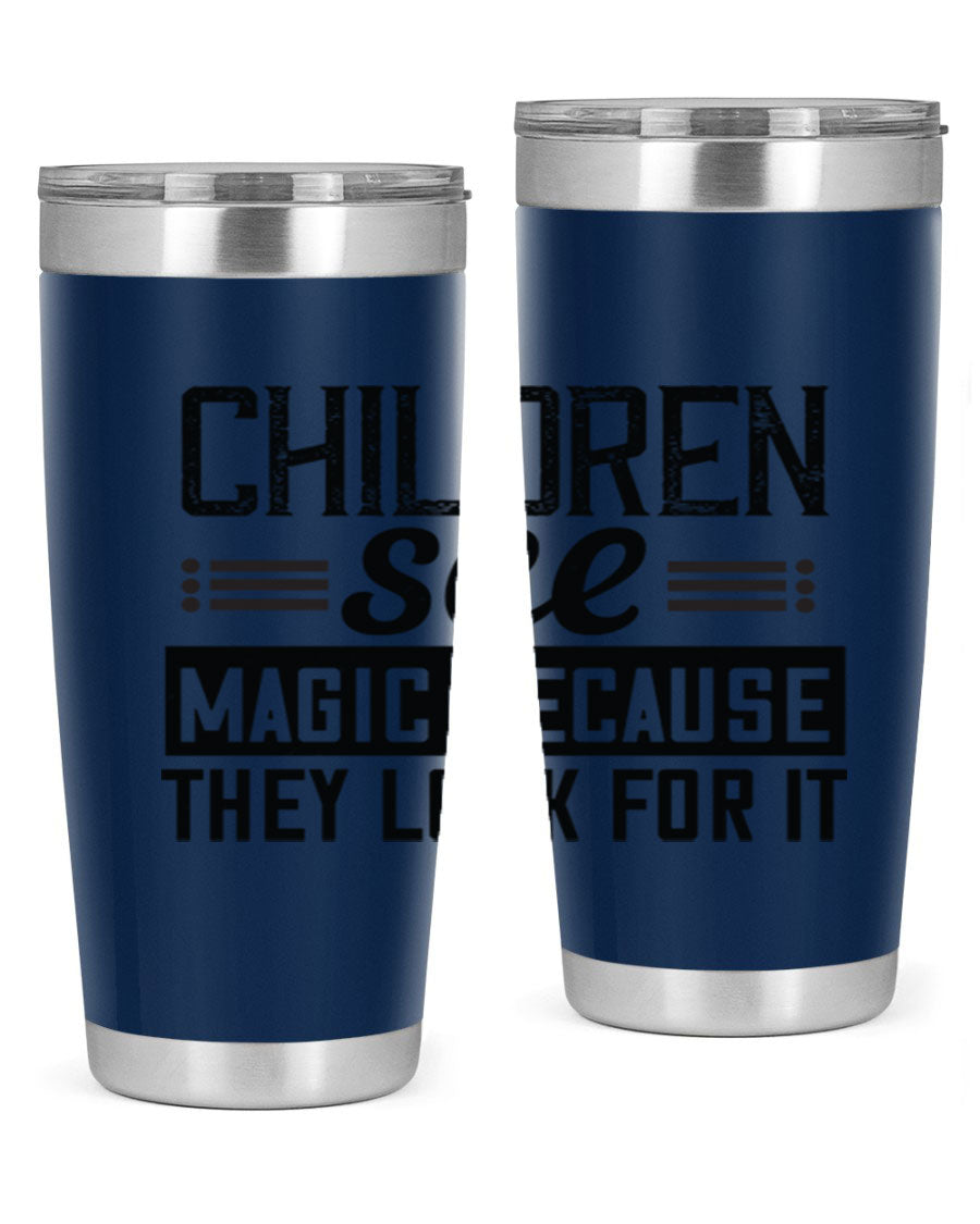 Children See Magic Style 41# Tumbler in vibrant colors, showcasing its double wall vacuum stainless steel design and drink-thru lid.