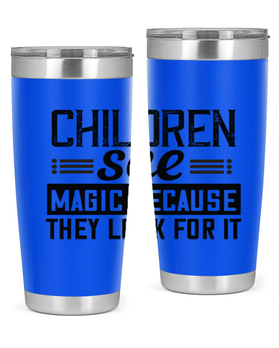 Children See Magic Style 41# Tumbler in vibrant colors, showcasing its double wall vacuum stainless steel design and drink-thru lid.