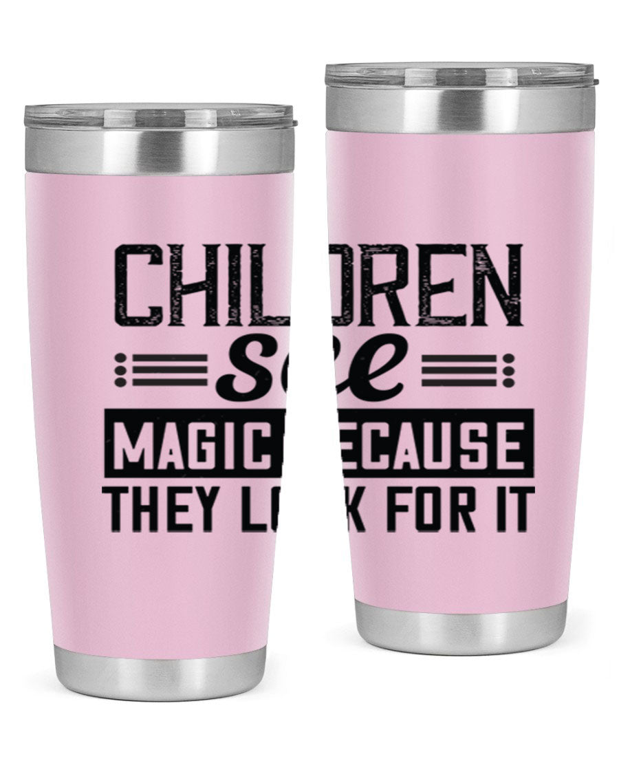 Children See Magic Style 41# Tumbler in vibrant colors, showcasing its double wall vacuum stainless steel design and drink-thru lid.