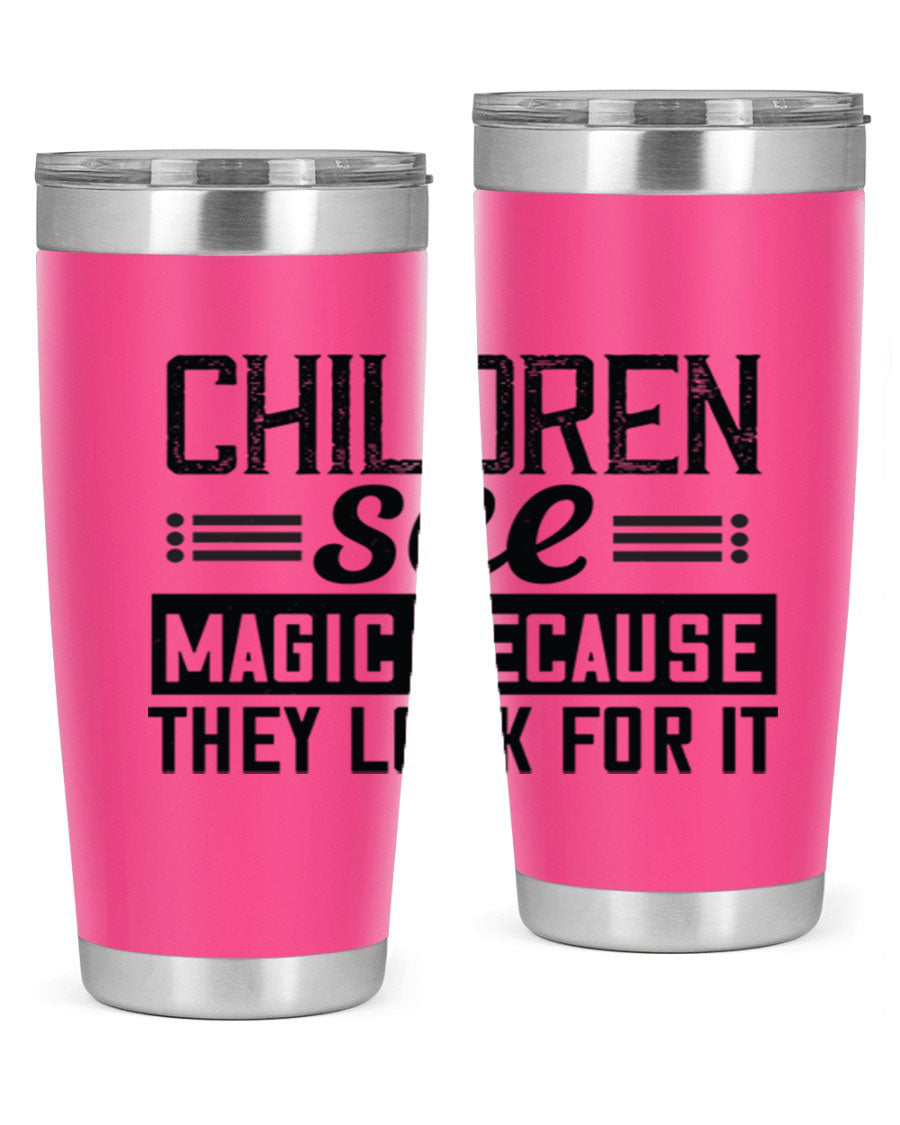 Children See Magic Style 41# Tumbler in vibrant colors, showcasing its double wall vacuum stainless steel design and drink-thru lid.