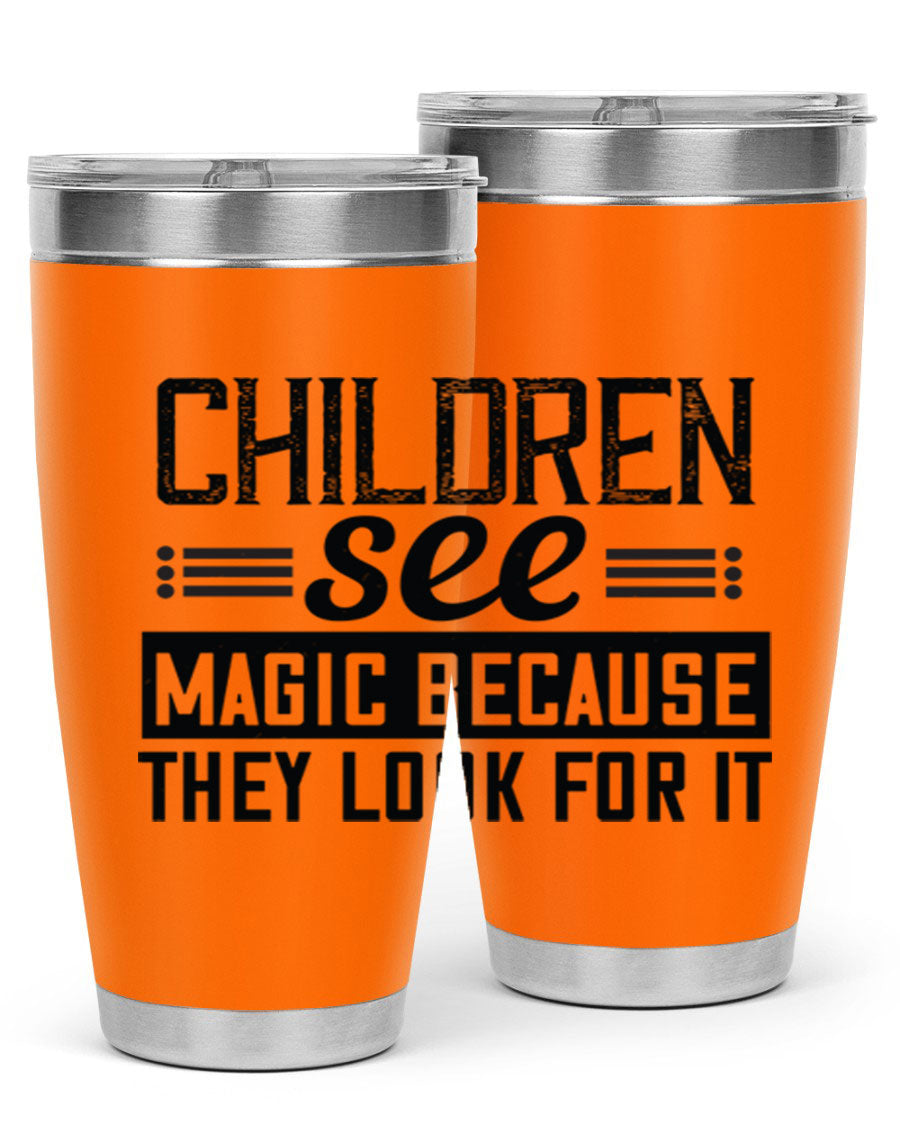 Children See Magic Style 41# Tumbler in vibrant colors, showcasing its double wall vacuum stainless steel design and drink-thru lid.