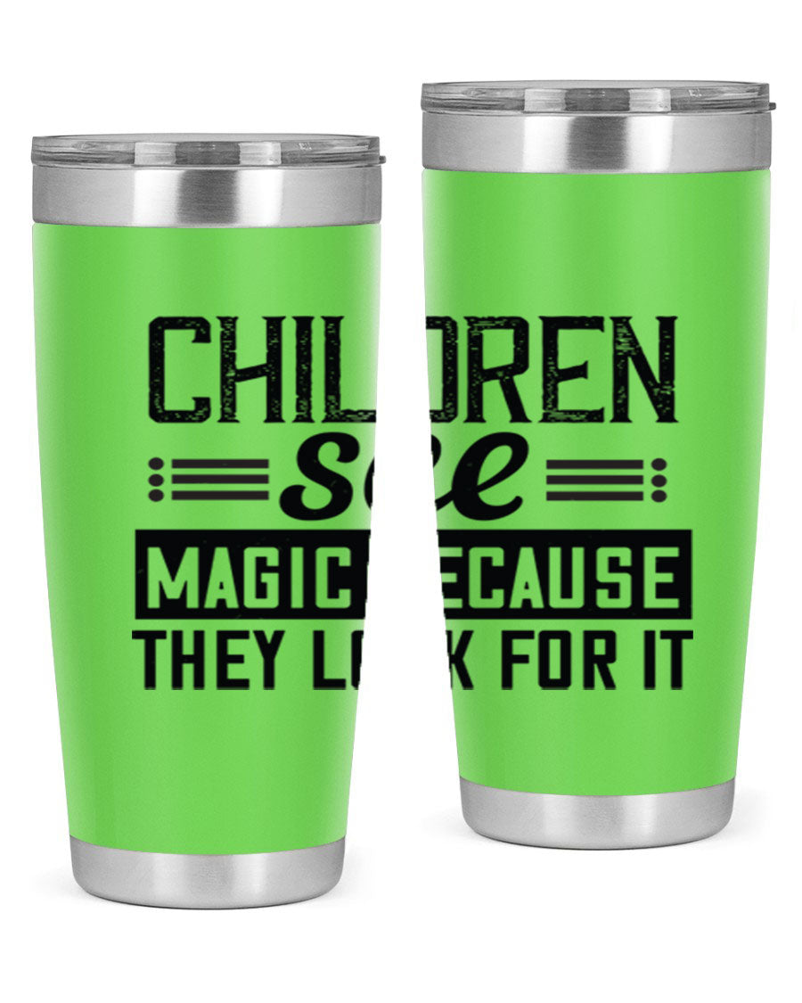 Children See Magic Style 41# Tumbler in vibrant colors, showcasing its double wall vacuum stainless steel design and drink-thru lid.