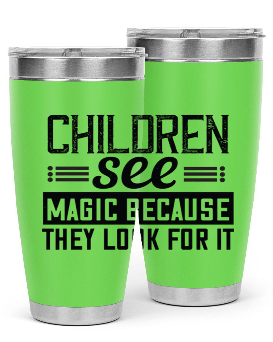 Children See Magic Style 41# Tumbler in vibrant colors, showcasing its double wall vacuum stainless steel design and drink-thru lid.