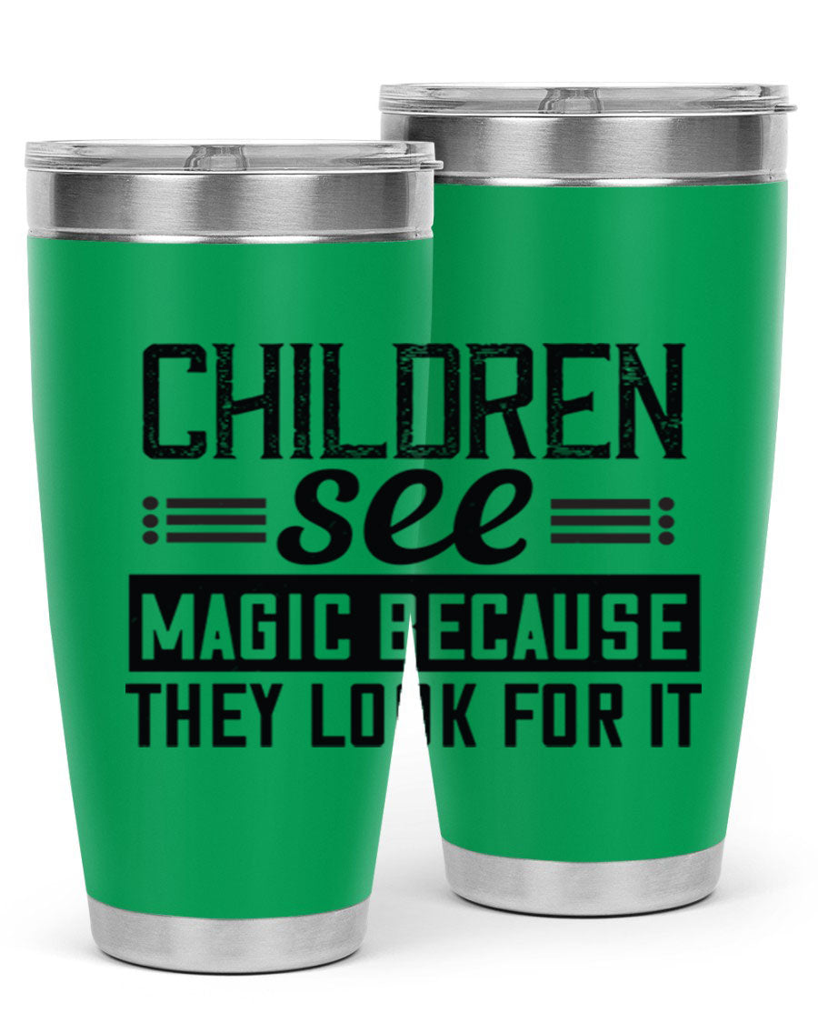 Children See Magic Style 41# Tumbler in vibrant colors, showcasing its double wall vacuum stainless steel design and drink-thru lid.