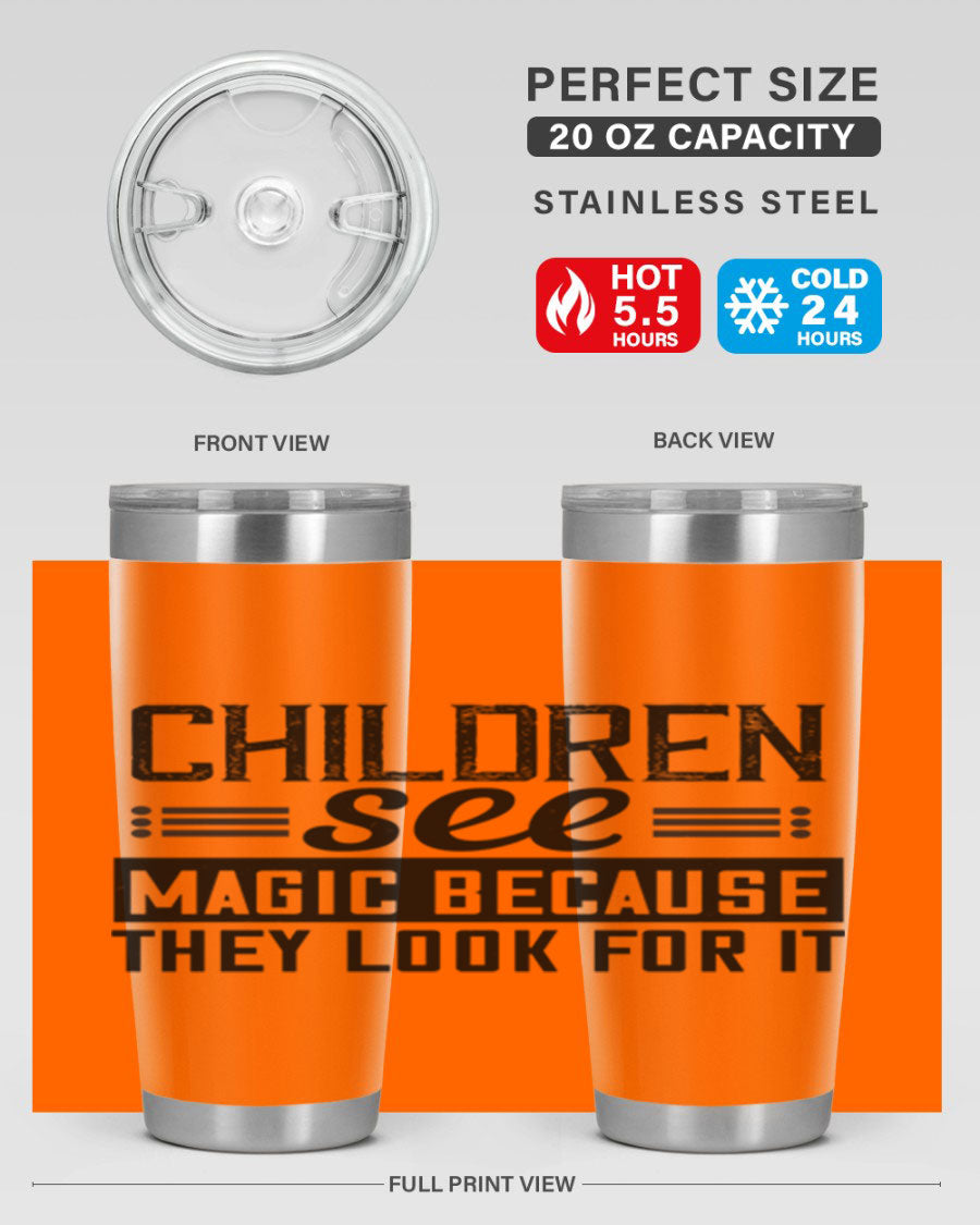 Children See Magic Style 41# Tumbler in vibrant colors, showcasing its double wall vacuum stainless steel design and drink-thru lid.