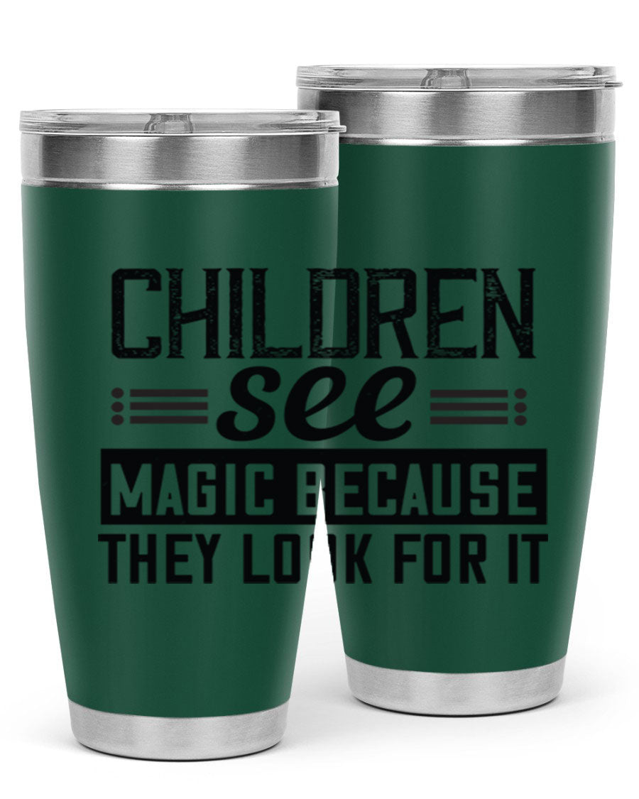 Children See Magic Style 41# Tumbler in vibrant colors, showcasing its double wall vacuum stainless steel design and drink-thru lid.