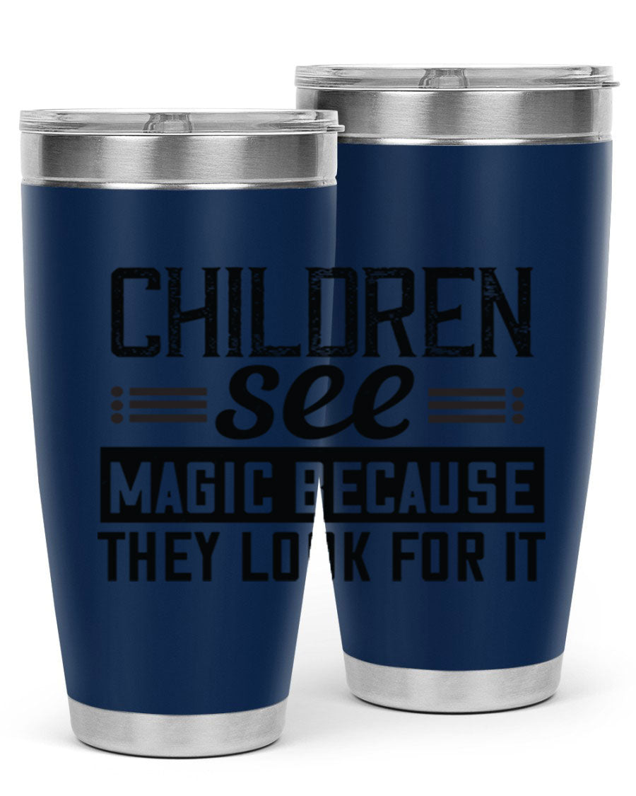 Children See Magic Style 41# Tumbler in vibrant colors, showcasing its double wall vacuum stainless steel design and drink-thru lid.