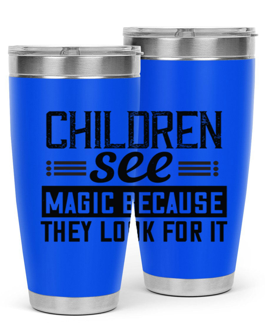 Children See Magic Style 41# Tumbler in vibrant colors, showcasing its double wall vacuum stainless steel design and drink-thru lid.