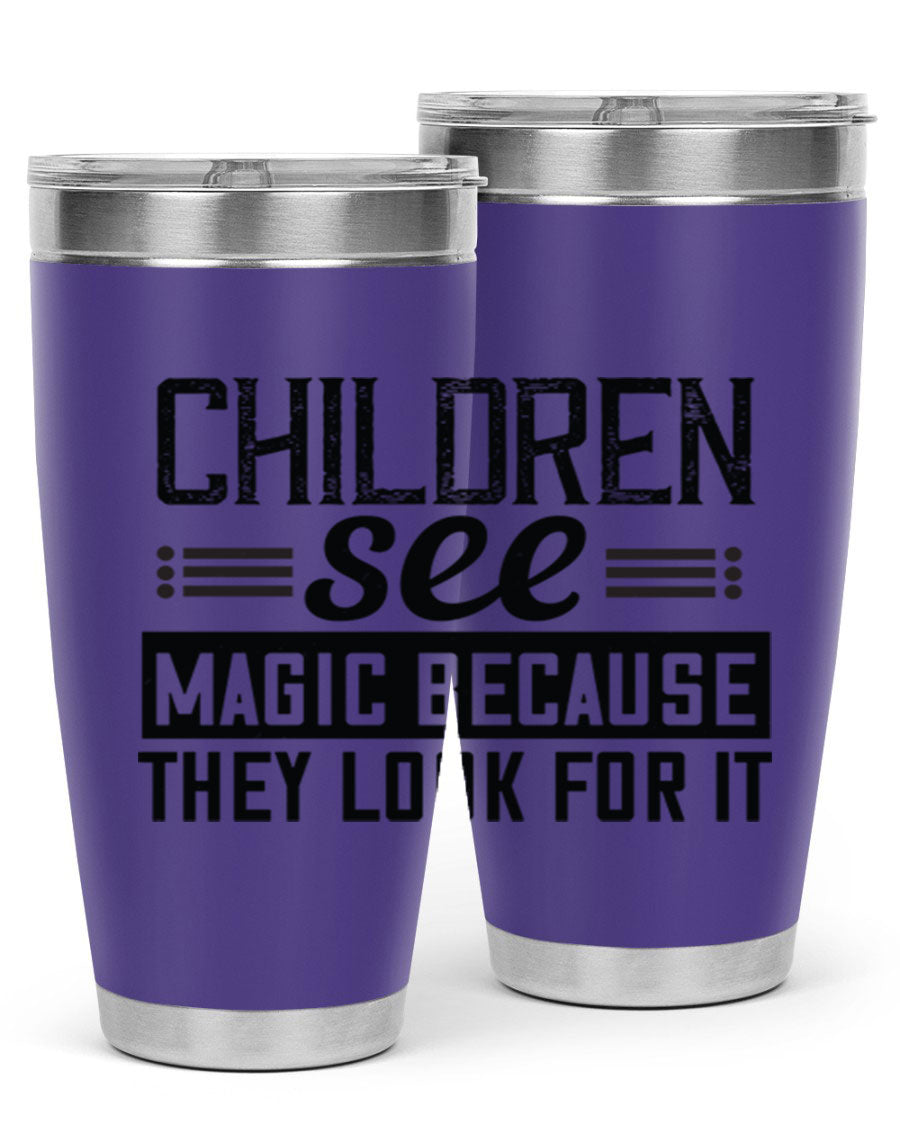 Children See Magic Style 41# Tumbler in vibrant colors, showcasing its double wall vacuum stainless steel design and drink-thru lid.
