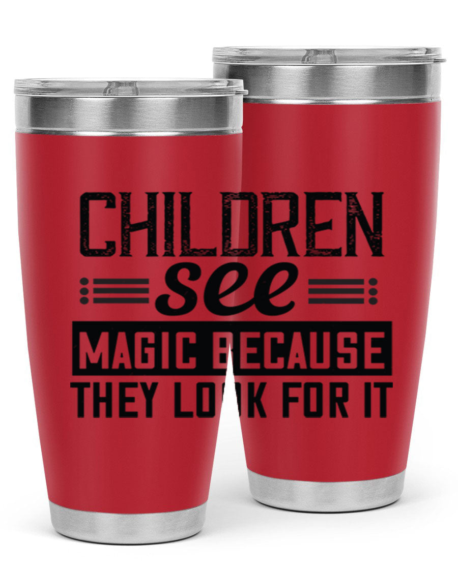 Children See Magic Style 41# Tumbler in vibrant colors, showcasing its double wall vacuum stainless steel design and drink-thru lid.