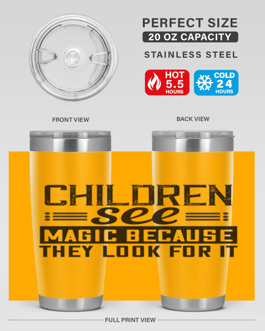 Children See Magic Style 41# Tumbler in vibrant colors, showcasing its double wall vacuum stainless steel design and drink-thru lid.