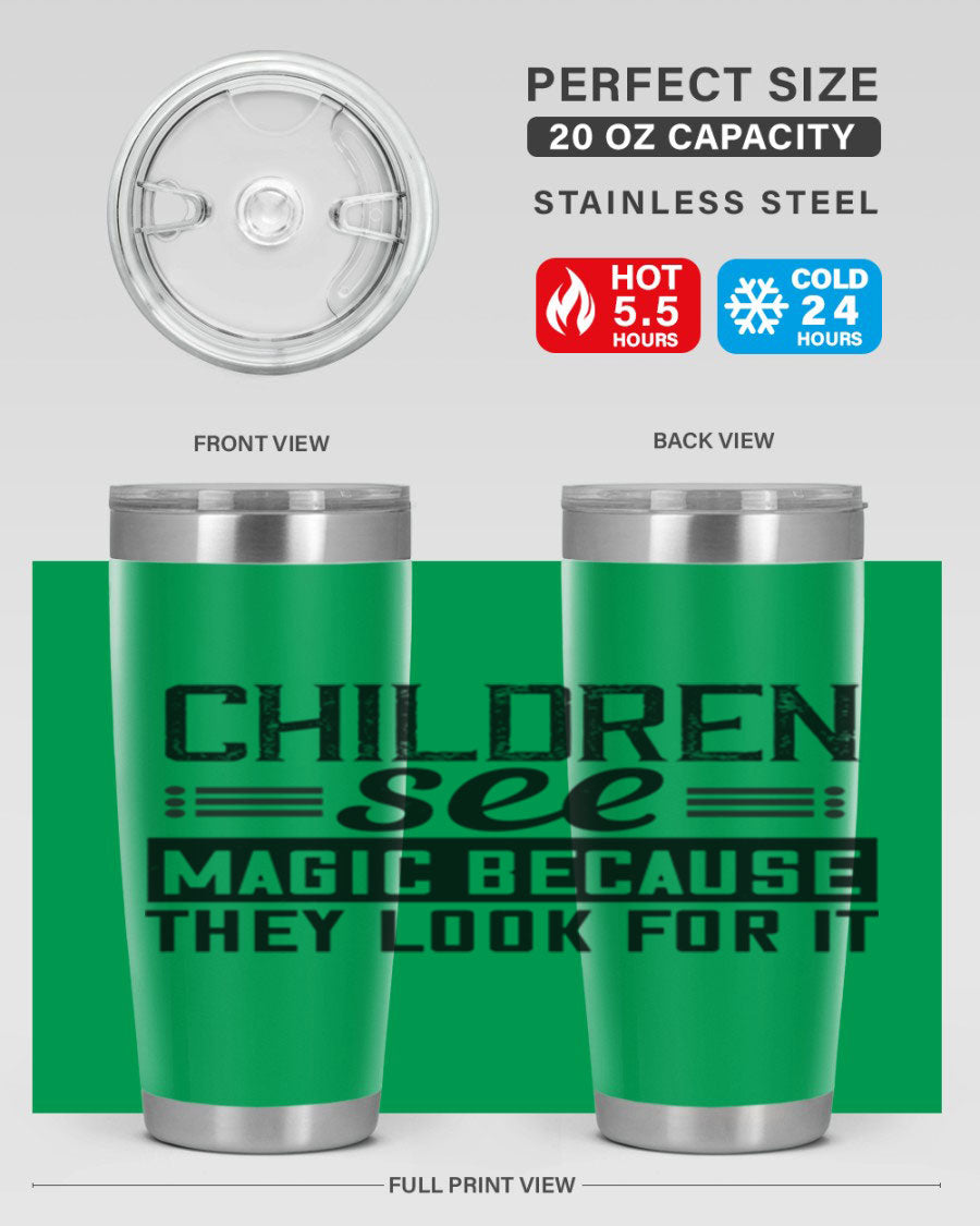 Children See Magic Style 41# Tumbler in vibrant colors, showcasing its double wall vacuum stainless steel design and drink-thru lid.
