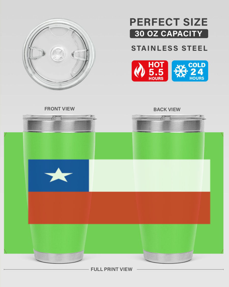 Chile 163# Tumbler featuring double wall vacuum insulation, available in 20oz and 30oz sizes, with a press-in drink-thru lid.
