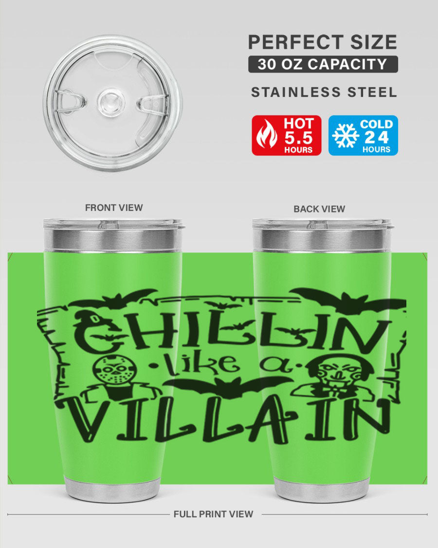 Chillin Like a Villain 82# Halloween Tumbler featuring a vibrant design, double wall vacuum stainless steel, and a drink-thru lid.