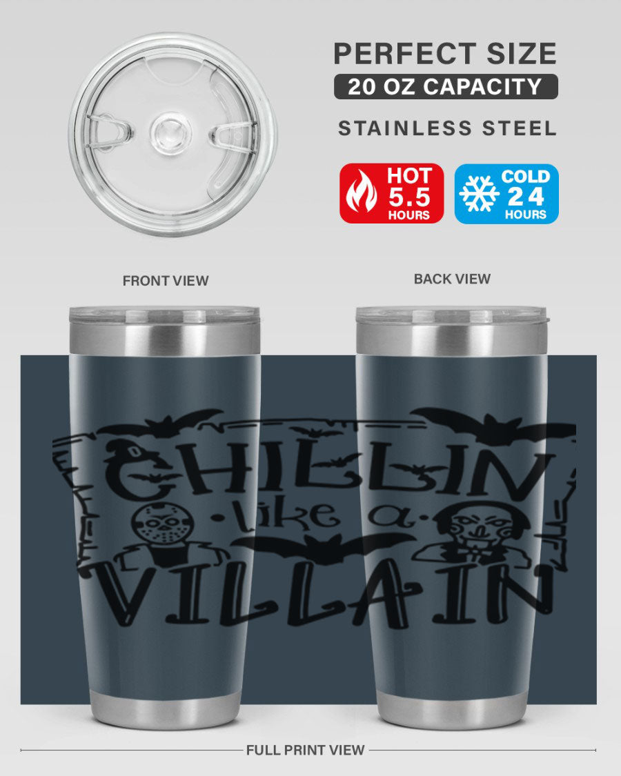 Chillin Like a Villain 82# Halloween Tumbler featuring a vibrant design, double wall vacuum stainless steel, and a drink-thru lid.