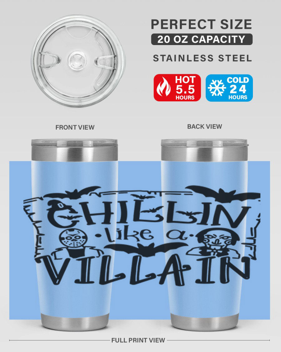 Chillin Like a Villain 82# Halloween Tumbler featuring a vibrant design, double wall vacuum stainless steel, and a drink-thru lid.