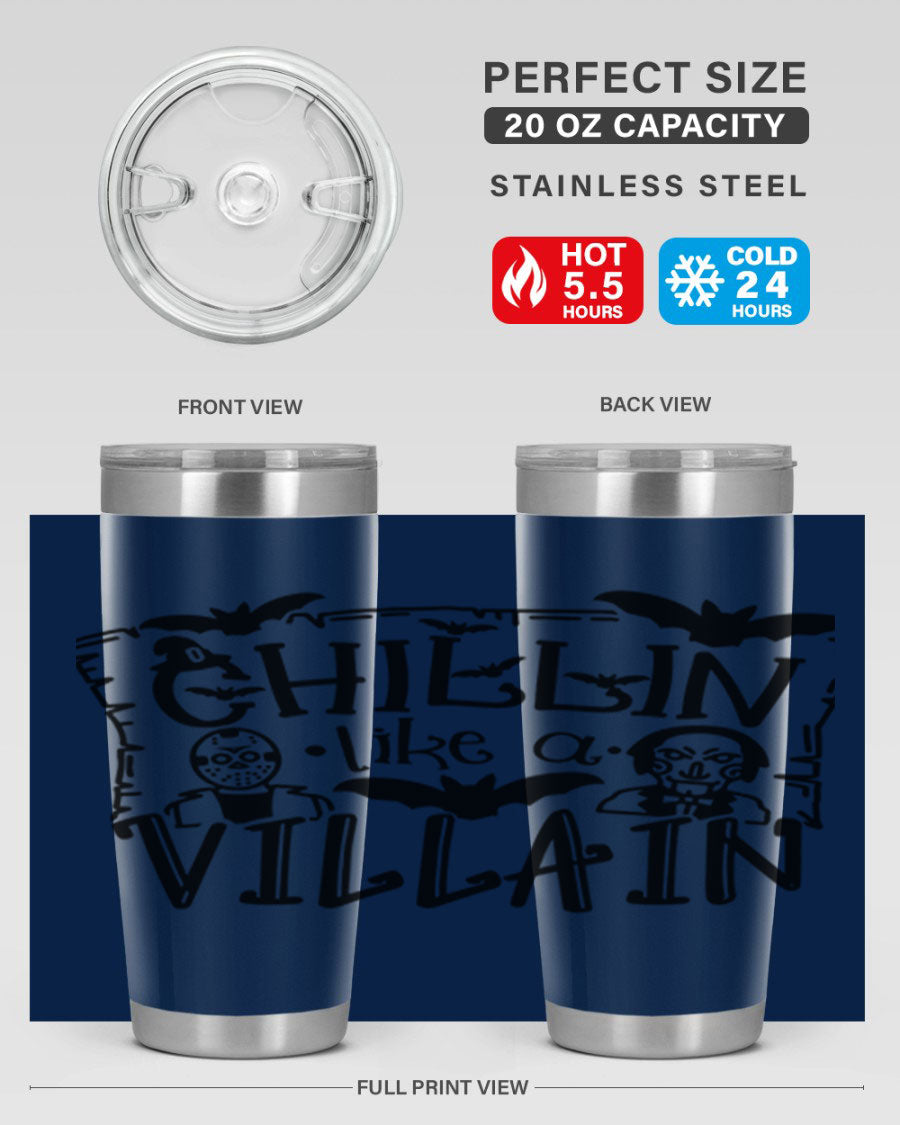 Chillin Like a Villain 82# Halloween Tumbler featuring a vibrant design, double wall vacuum stainless steel, and a drink-thru lid.