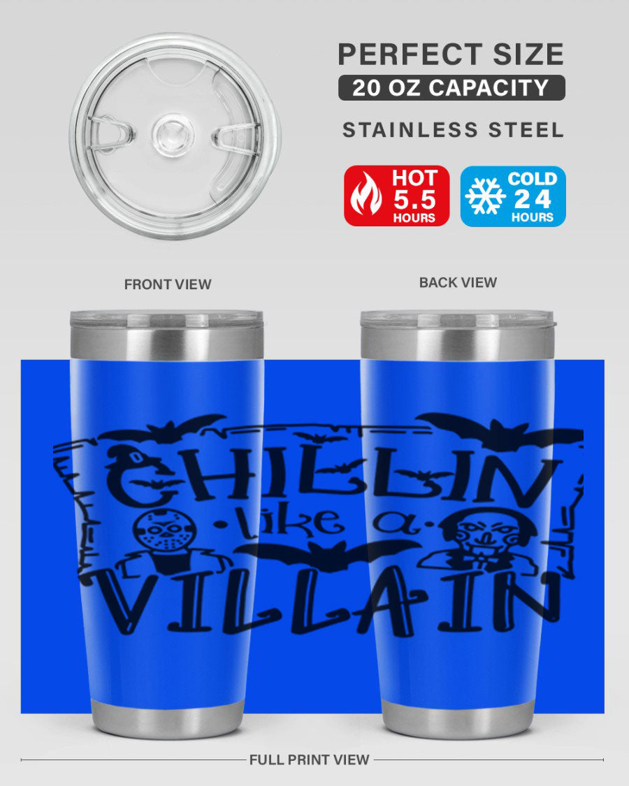 Chillin Like a Villain 82# Halloween Tumbler featuring a vibrant design, double wall vacuum stainless steel, and a drink-thru lid.