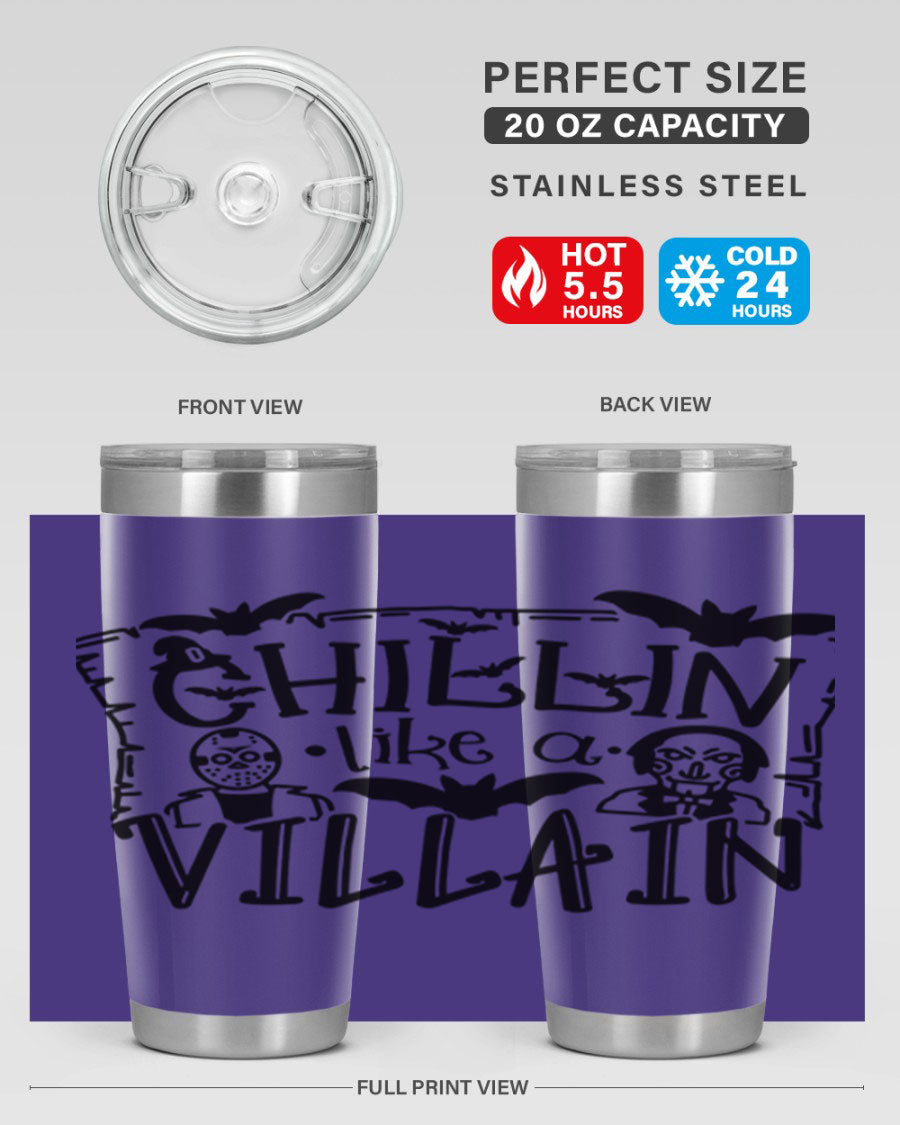 Chillin Like a Villain 82# Halloween Tumbler featuring a vibrant design, double wall vacuum stainless steel, and a drink-thru lid.