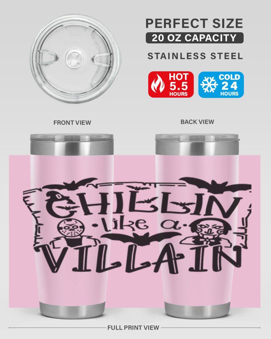 Chillin Like a Villain 82# Halloween Tumbler featuring a vibrant design, double wall vacuum stainless steel, and a drink-thru lid.
